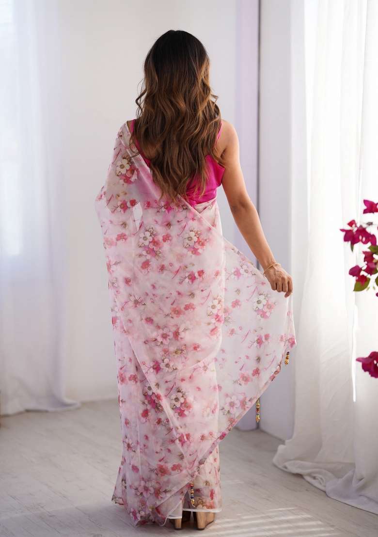 Pink Abstract Print Organza Saree Set - Indya