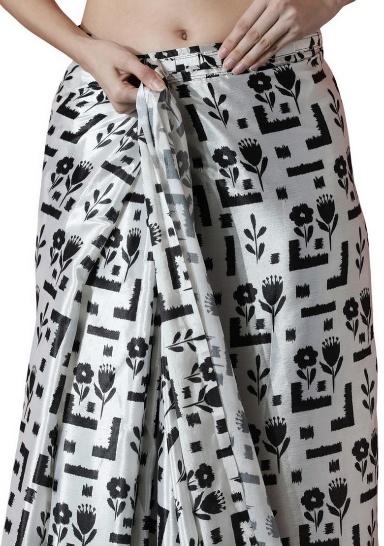 White Abstract Print Art Silk Saree Set