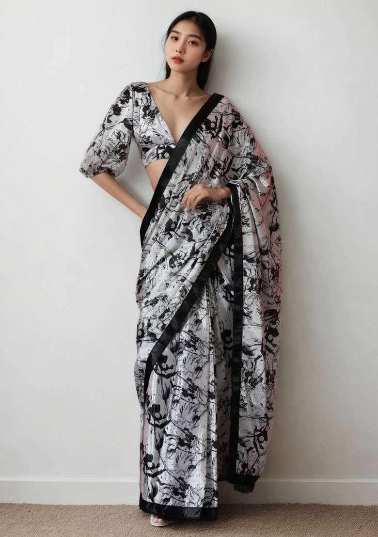 White Art Silk Saree Set with Abstract Print for Diwali | Wedding & Festive Wear - Indya