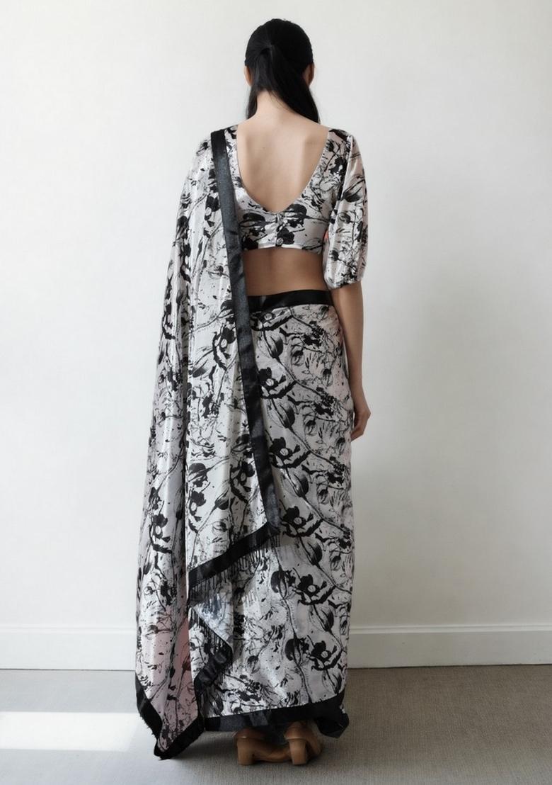 White Abstract Print Art Silk Saree Set