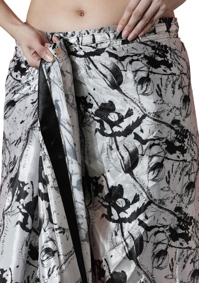 White Abstract Print Art Silk Saree Set