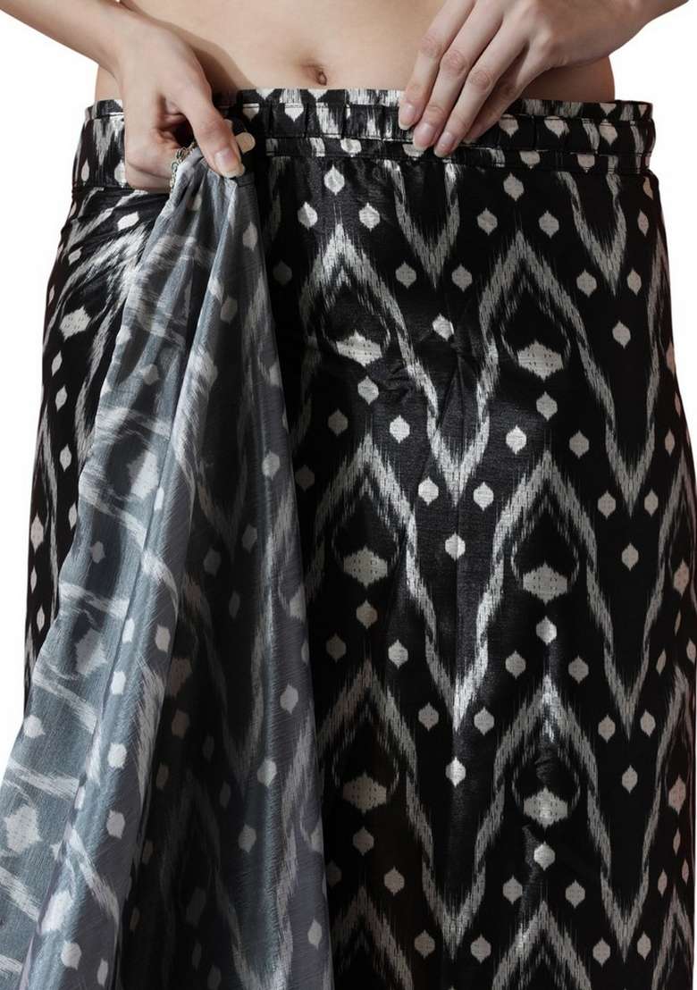 Black Abstract Print Art Silk Saree Set for Diwali and Festive Wear - Indya