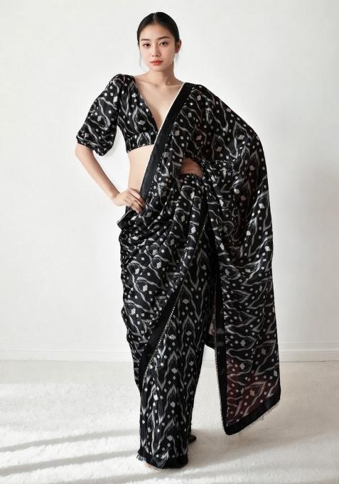Black Abstract Print Art Silk Saree Set