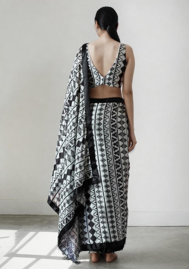 White Abstract Print Art Silk Saree Set