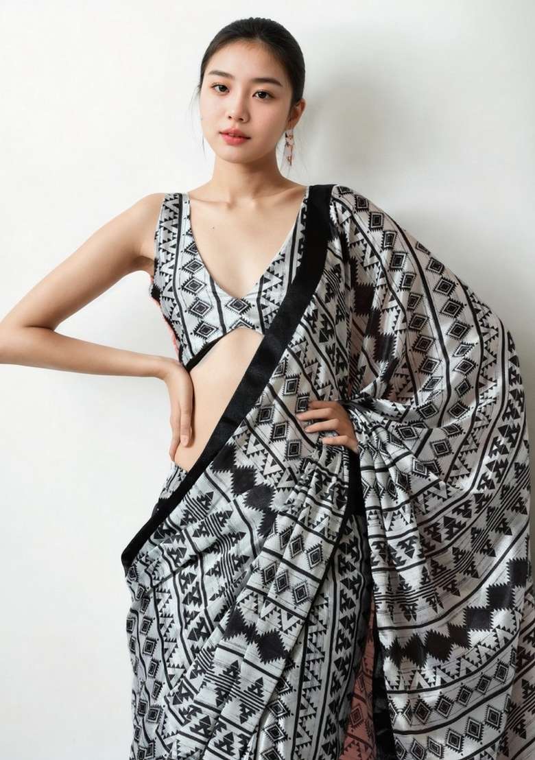 White Art Silk Saree Set with Abstract Print for Diwali | Wedding & Festive Wear - Indya