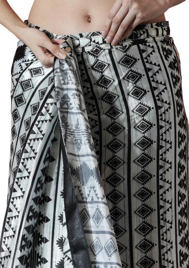 White Abstract Print Art Silk Saree Set