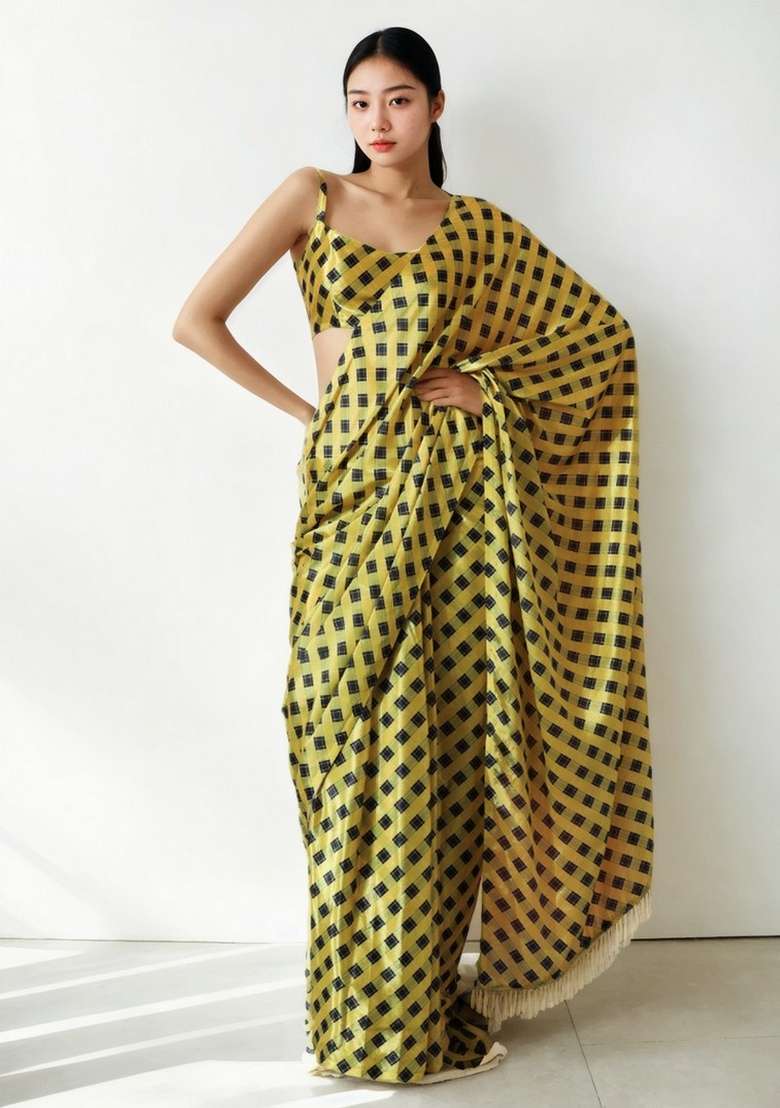 Yellow Art Silk Saree Set with Abstract Print for Diwali | Wedding & Festive Wear - Indya
