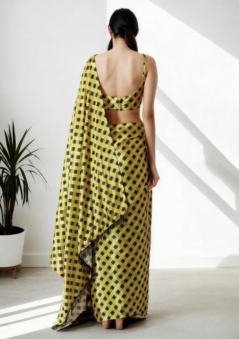 Yellow Abstract Print Art Silk Saree Set