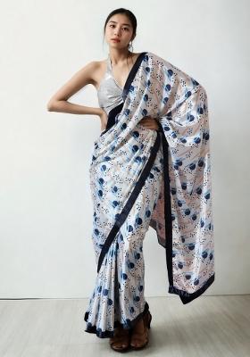 White Abstract Print Art Silk Saree Set