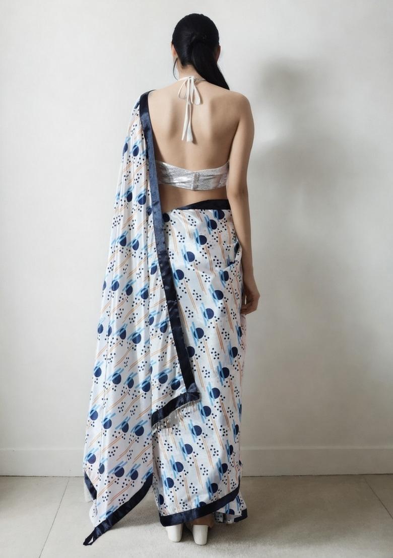 White Abstract Print Art Silk Saree Set