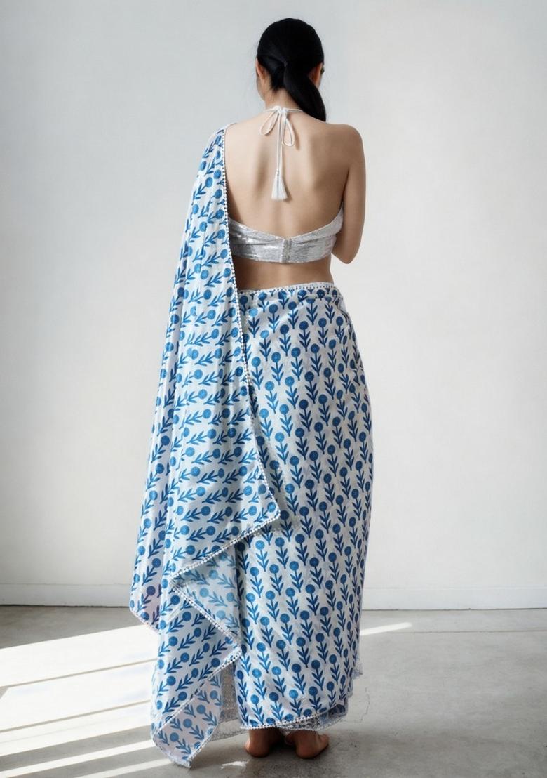 Blue Abstract Print Art Silk Saree Set