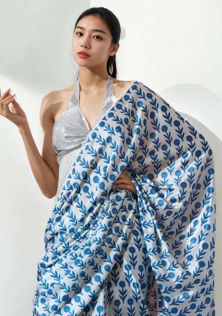 Blue Abstract Print Art Silk Saree Set for Diwali and Festive Wear - Indya