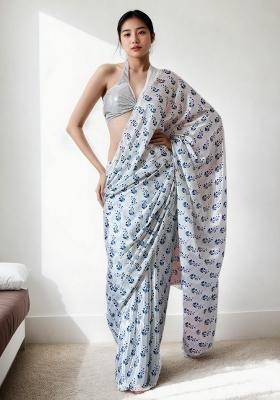 White Abstract Print Art Silk Saree Set
