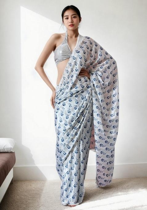 White Abstract Print Art Silk Saree Set