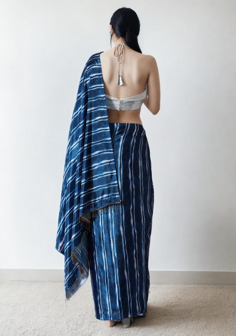 Blue Abstract Print Art Silk Saree Set