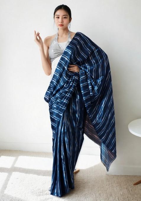 Blue Abstract Print Art Silk Saree Set