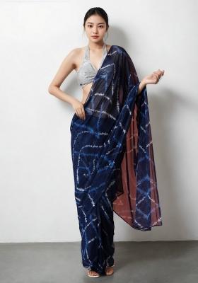 Blue Abstract Print Art Silk Saree Set
