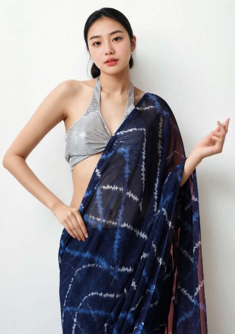 Blue Abstract Print Art Silk Saree Set for Diwali and Festive Wear - Indya