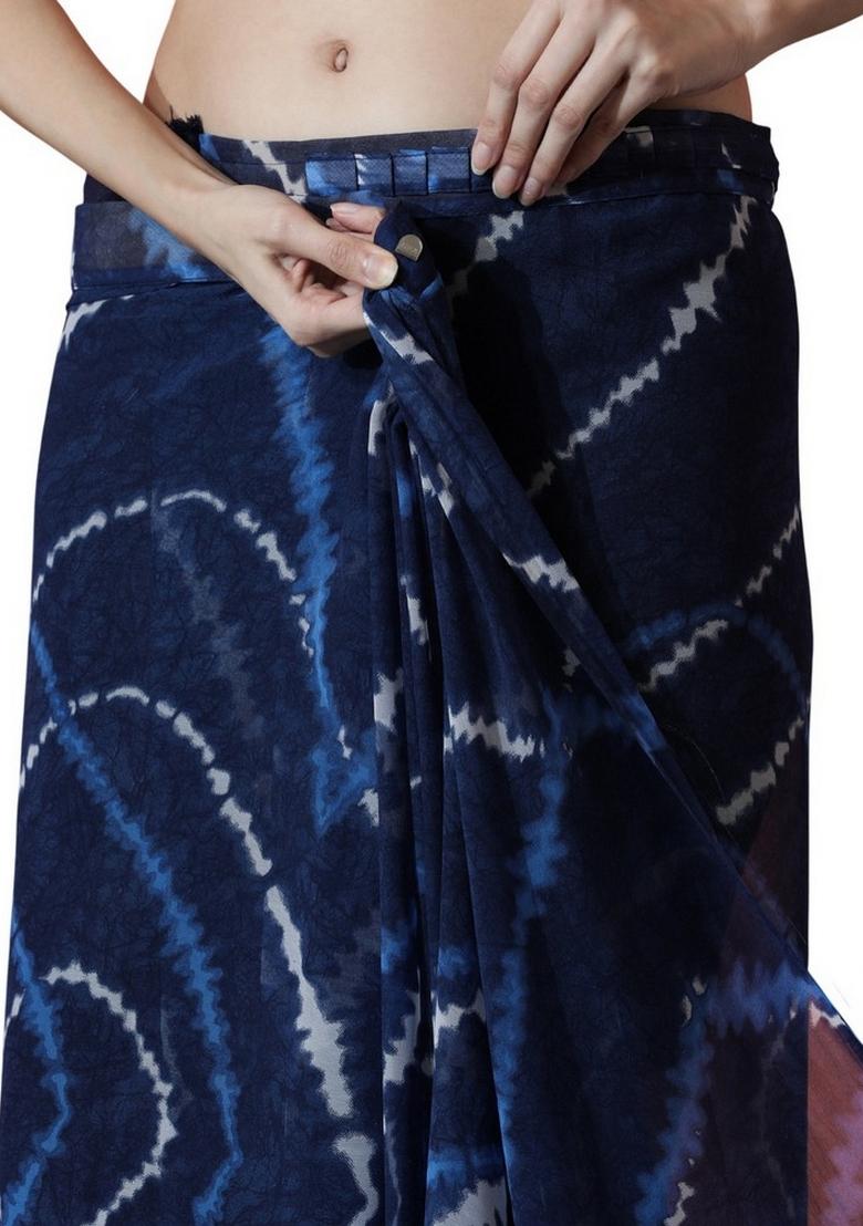 Blue Abstract Print Art Silk Saree Set