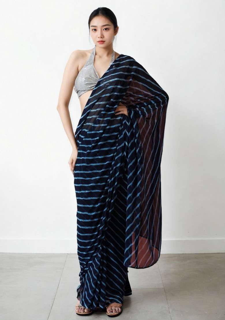 Blue Abstract Print Art Silk Saree Set - Indya