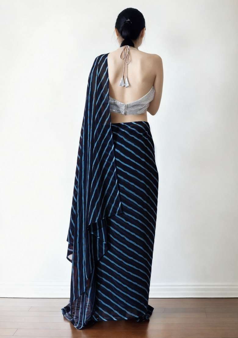 Blue Abstract Print Art Silk Saree Set - Indya