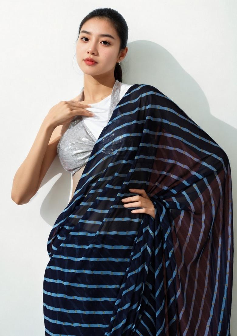 Blue Abstract Print Art Silk Saree Set