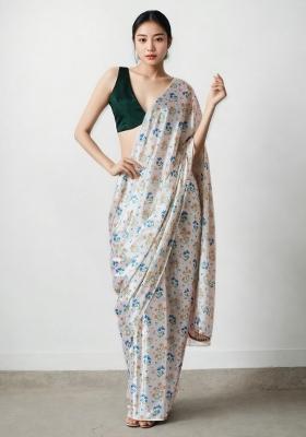 Off White Abstract Print Art Silk Saree Set