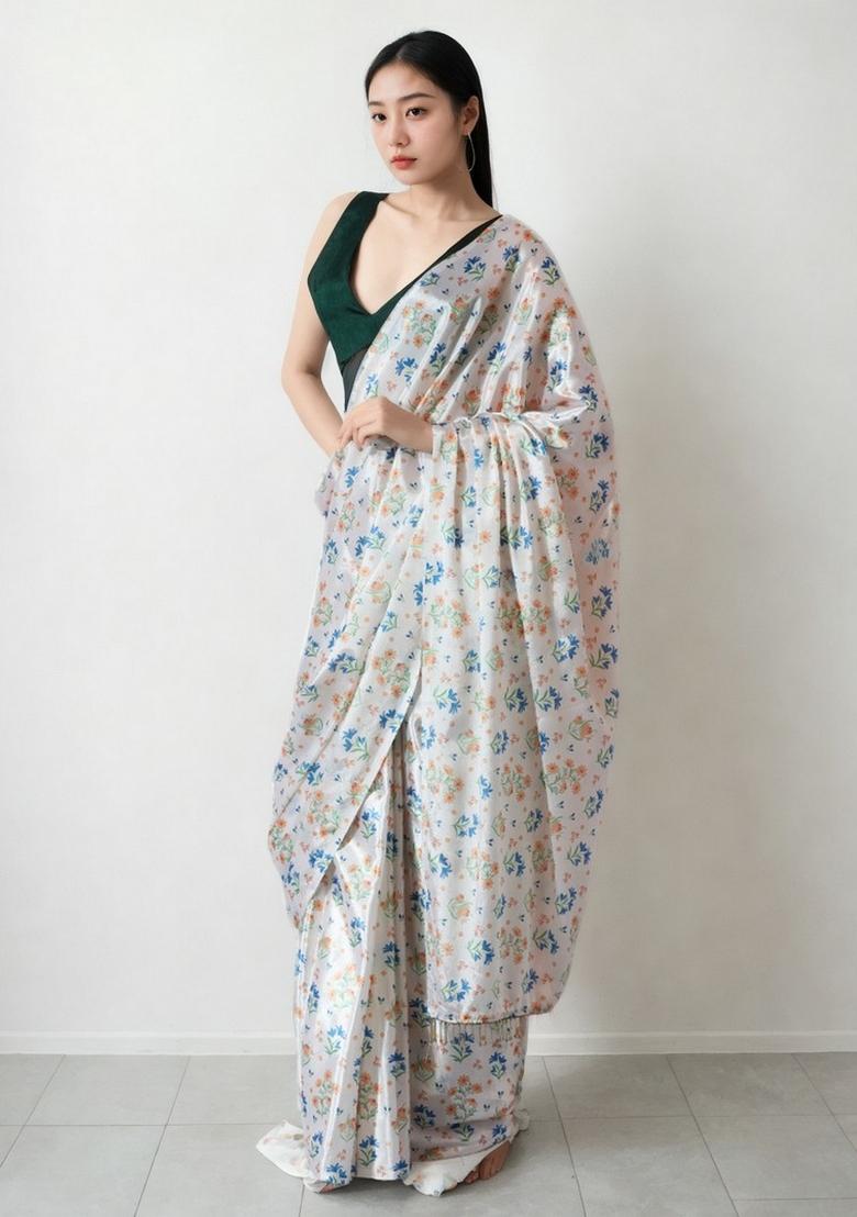Off White Abstract Print Art Silk Saree Set