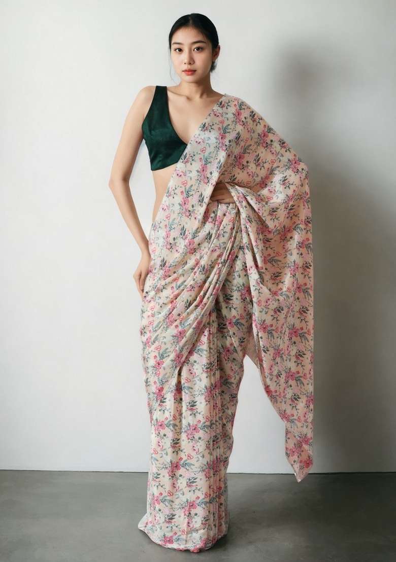 Peach Abstract Print Art Silk Saree Set - Indya