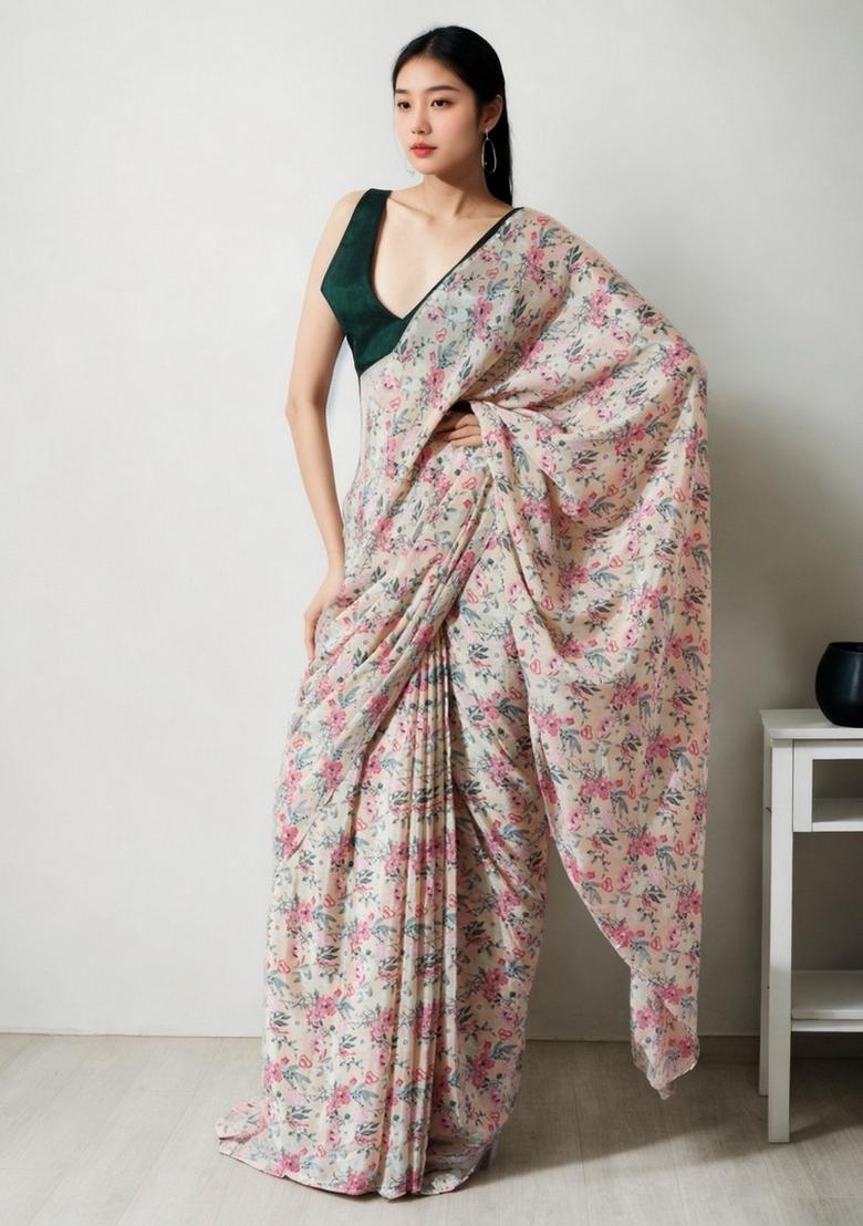 Peach Abstract Print Art Silk Saree Set