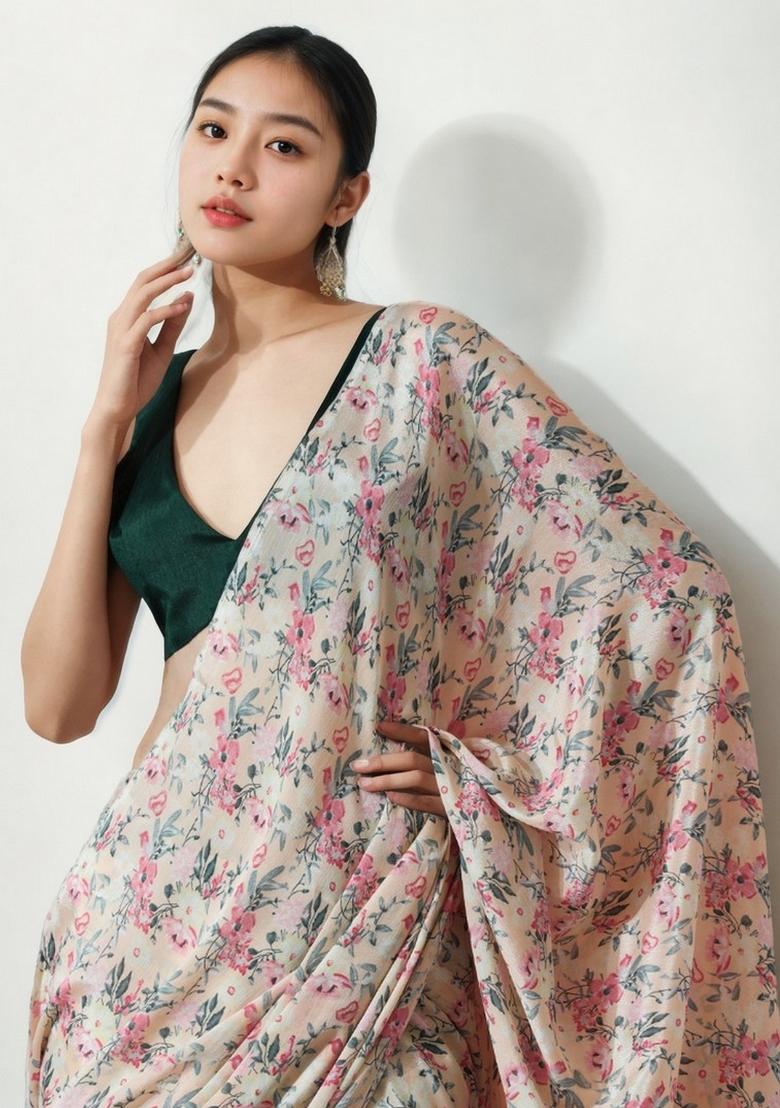 Peach Abstract Print Art Silk Saree Set