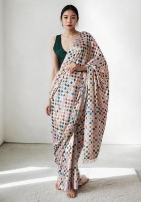 Off White Abstract Print Art Silk Saree Set