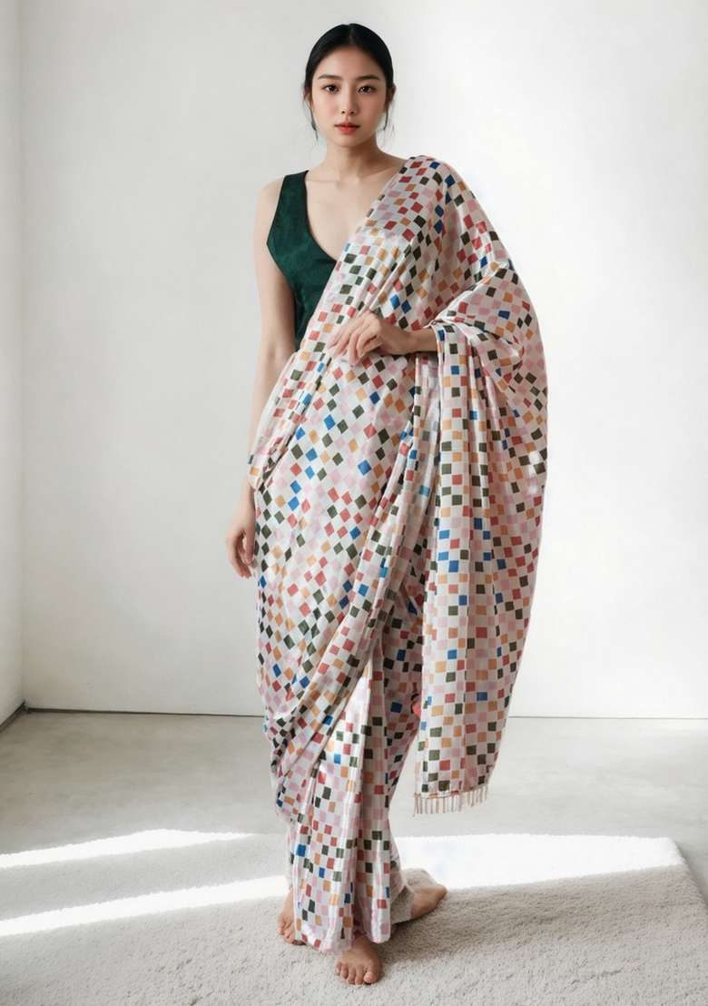 Off White Abstract Print Art Silk Saree Set for Diwali and Festive Wear - Indya