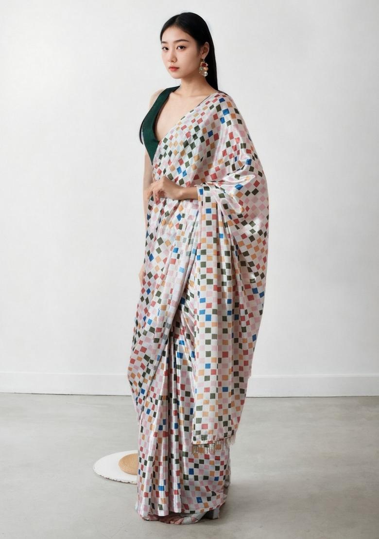 Off White Abstract Print Art Silk Saree Set