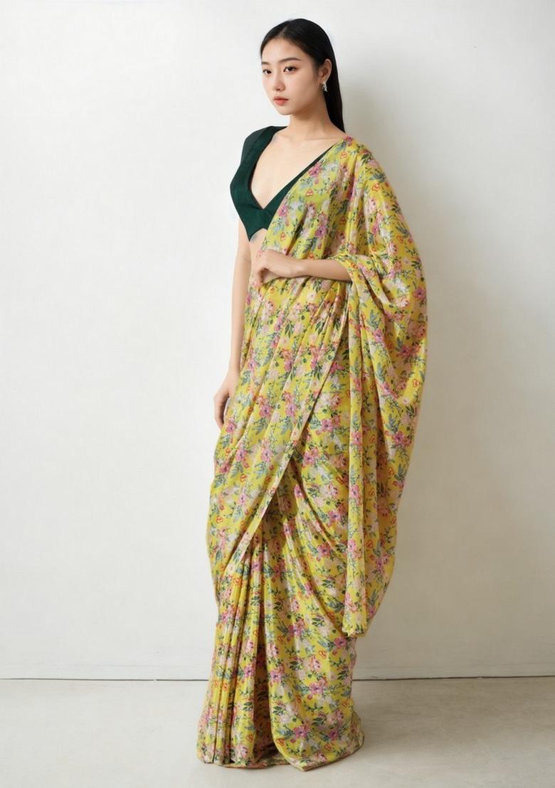 Yellow Abstract Print Art Silk Saree Set