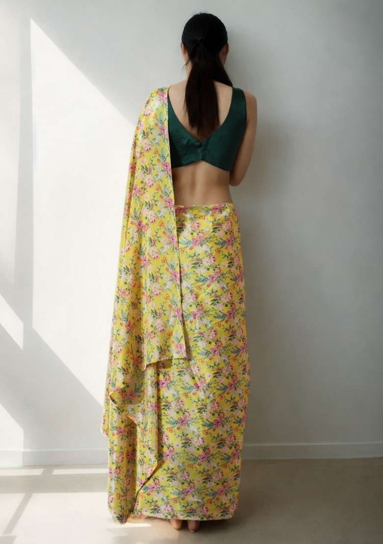 Yellow Abstract Print Art Silk Saree Set - Indya