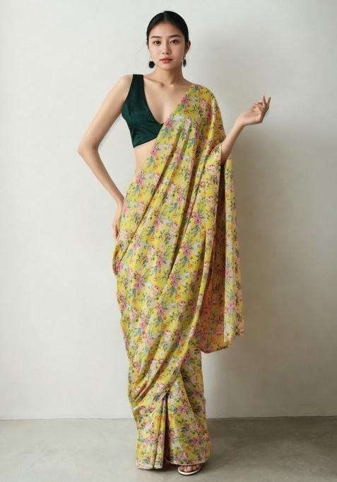 Yellow Abstract Print Art Silk Saree Set