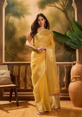 Mustard Yellow Zari Woven Organza Saree Set