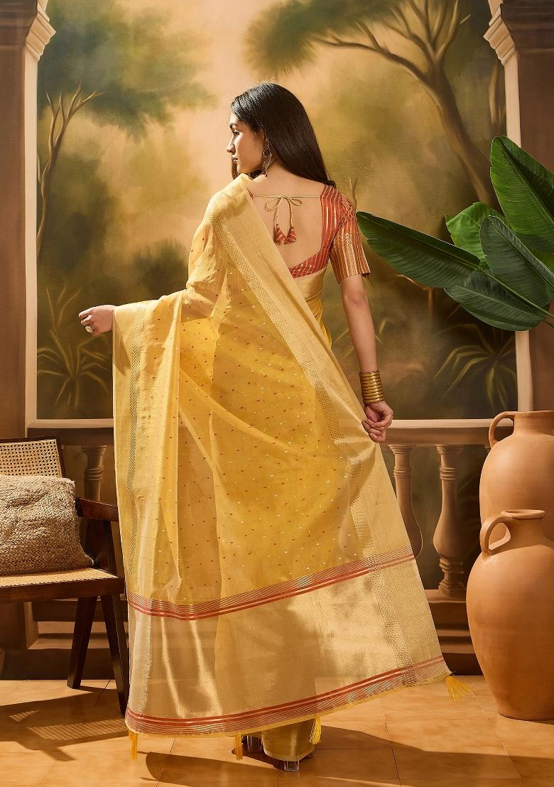 Mustard Yellow Zari Woven Organza Saree Set