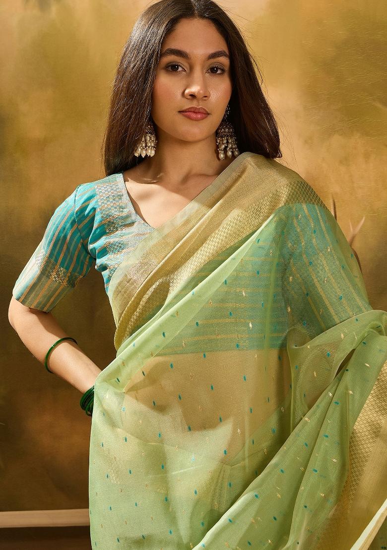Green Zari Woven Organza Saree Set