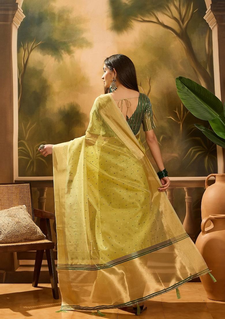 Green Zari Woven Organza Saree Set