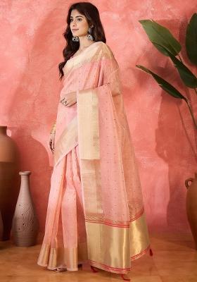 Pink Zari Woven Organza Saree Set