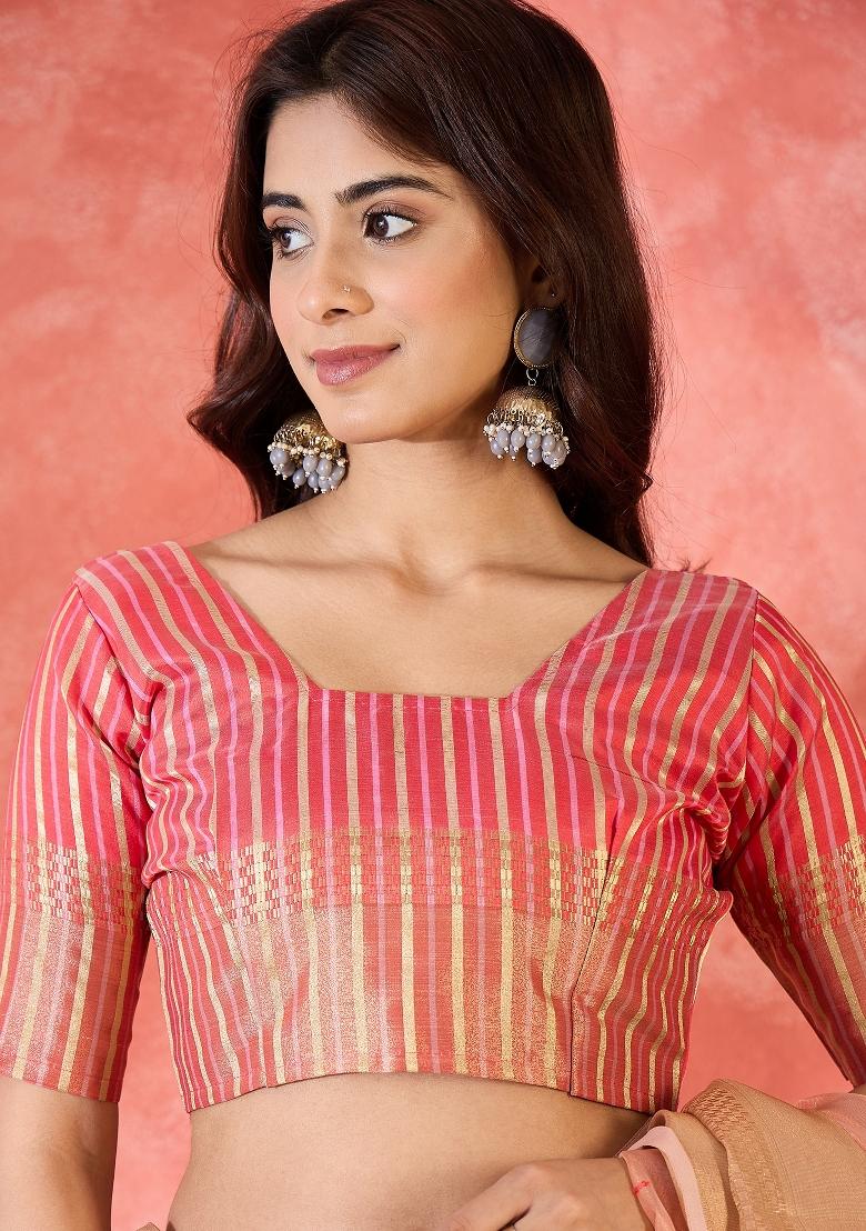 Pink Zari Woven Organza Saree Set