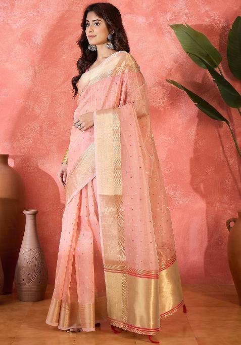 Pink Zari Woven Organza Saree Set