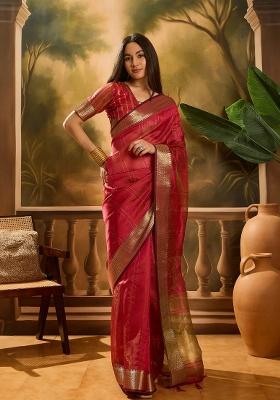 Red Zari Woven Organza Saree Set