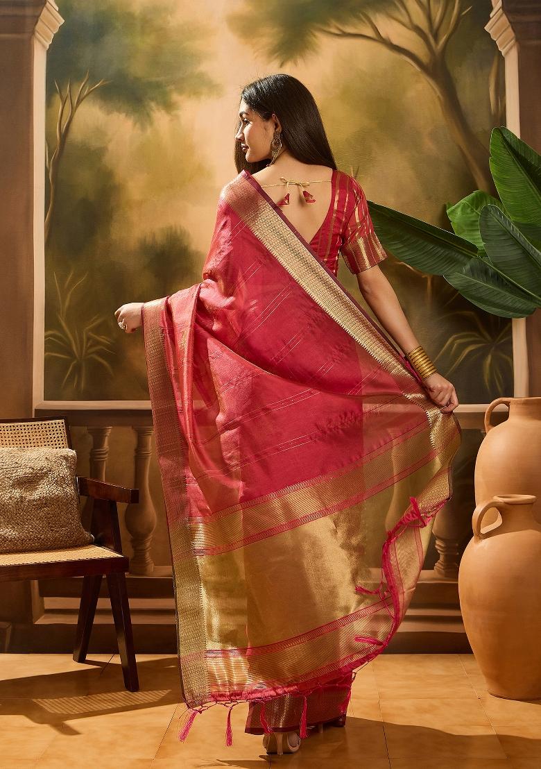 Red Zari Woven Organza Saree Set