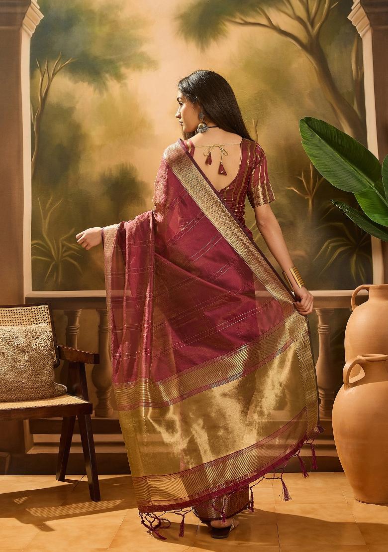 Maroon Zari Woven Organza Saree Set
