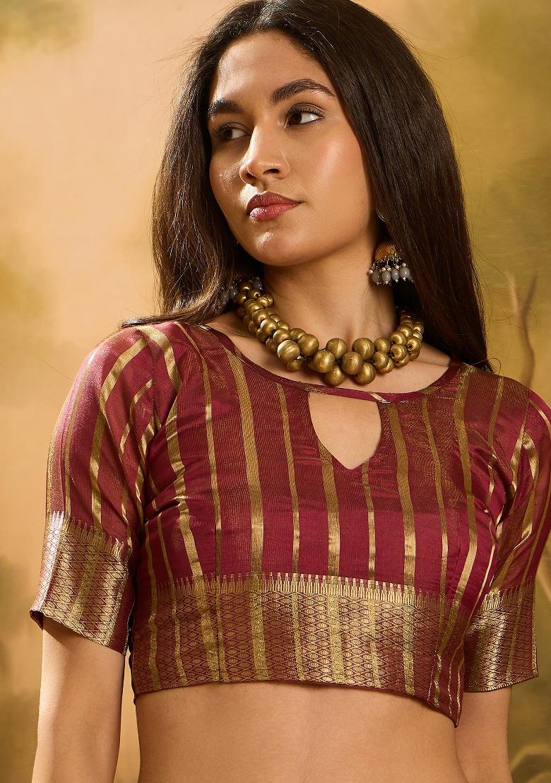 Maroon Zari Woven Organza Saree Set