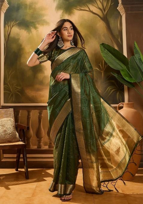Green Zari Woven Organza Saree Set