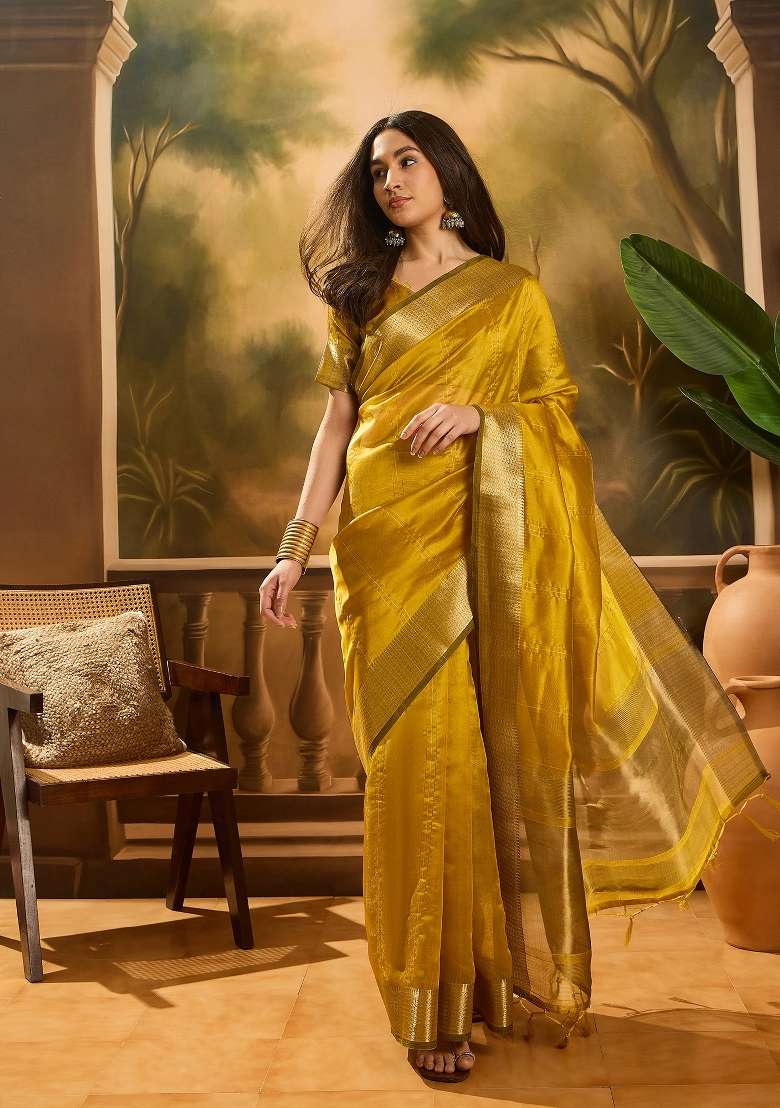 Mustard Yellow Zari Woven Organza Saree Set - Indya